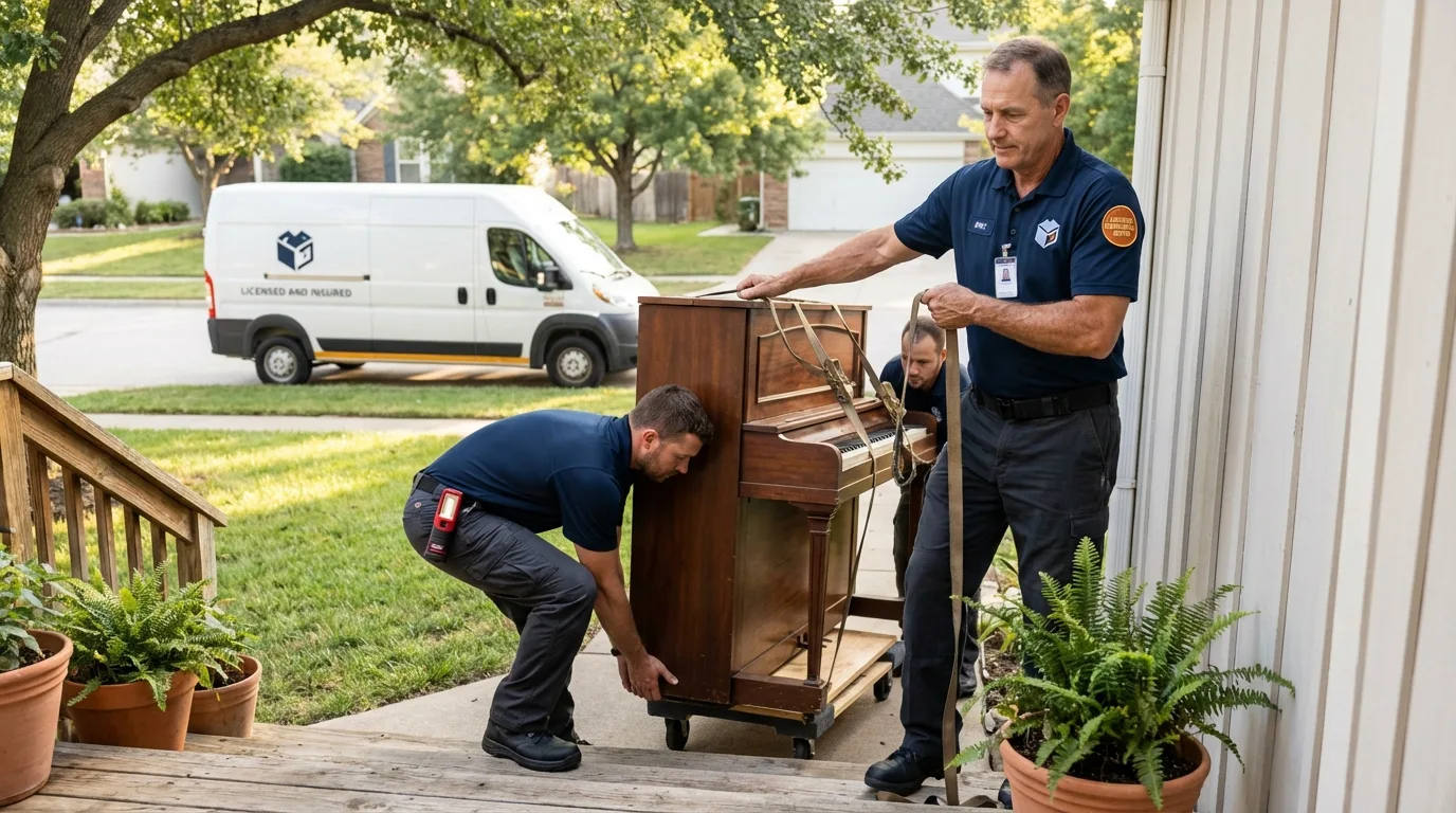 Licensed piano movers securing grand piano in Hampton, NJ